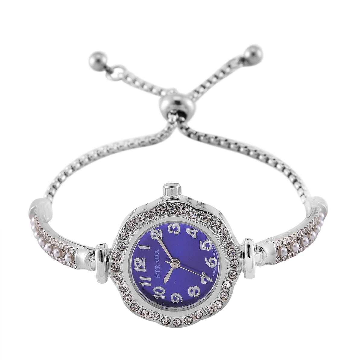5pc Set - Strada Crystal, Simulated Pearl Japanese Movement Bolo Watch and Simulated Tanzania Ring, Earrings, Bracelet (5-10In) and Necklace (20-22In) in Silvertone image number 2