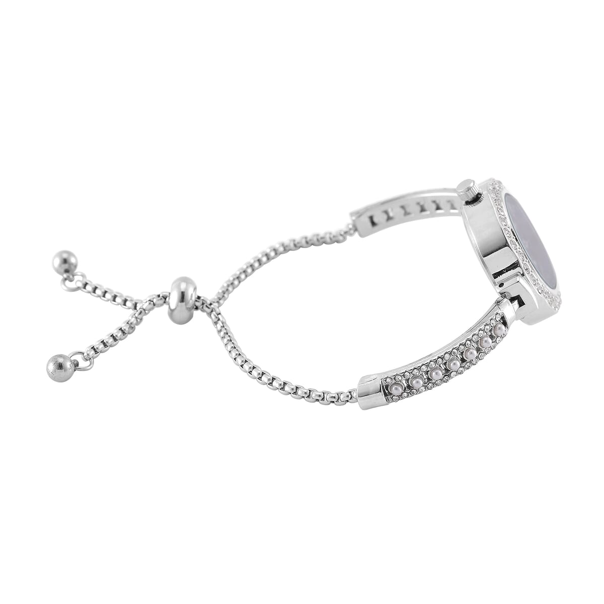 5pc Set - Strada Crystal, Simulated Pearl Japanese Movement Bolo Watch and Simulated Tanzania Ring, Earrings, Bracelet (5-10In) and Necklace (20-22In) in Silvertone image number 3
