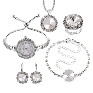 5pc Set - Strada Crystal, Simulated Pearl Japanese Movement Bolo Watch and Simulated White Topaz Ring, Earrings, Bracelet (5-10In) and Necklace (20-22In) in Silvertone