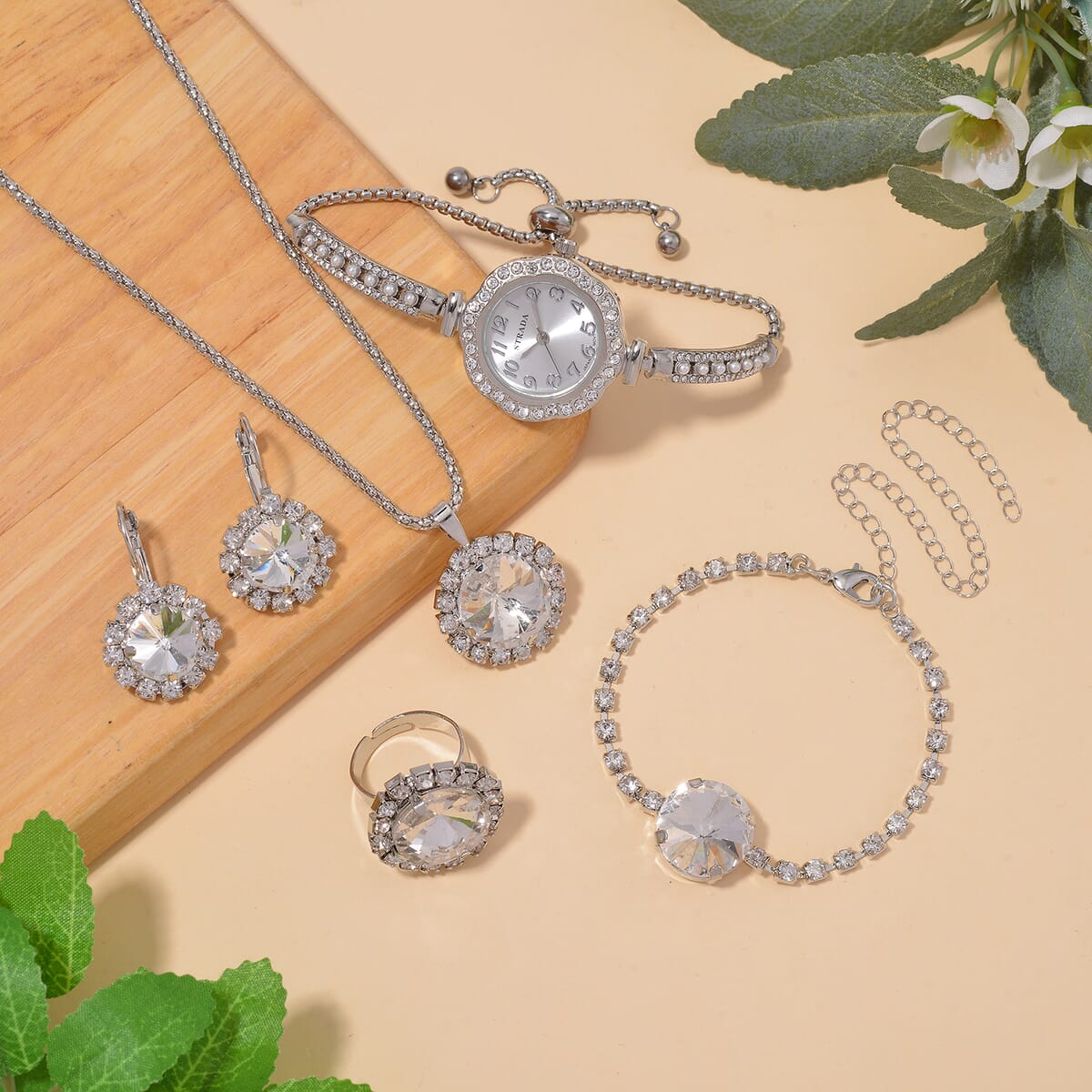 5pc Set - Strada Crystal, Simulated Pearl Japanese Movement Bolo Watch and Simulated White Topaz Ring, Earrings, Bracelet (5-10In) and Necklace (20-22In) in Silvertone image number 1