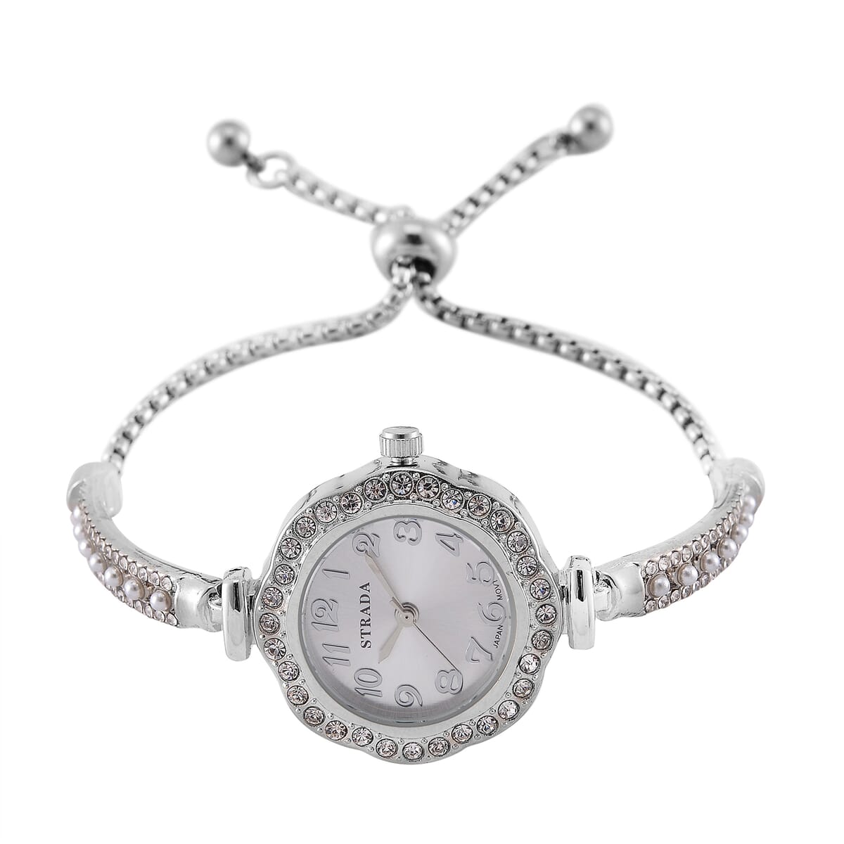 5pc Set - Strada Crystal, Simulated Pearl Japanese Movement Bolo Watch and Simulated White Topaz Ring, Earrings, Bracelet (5-10In) and Necklace (20-22In) in Silvertone image number 2