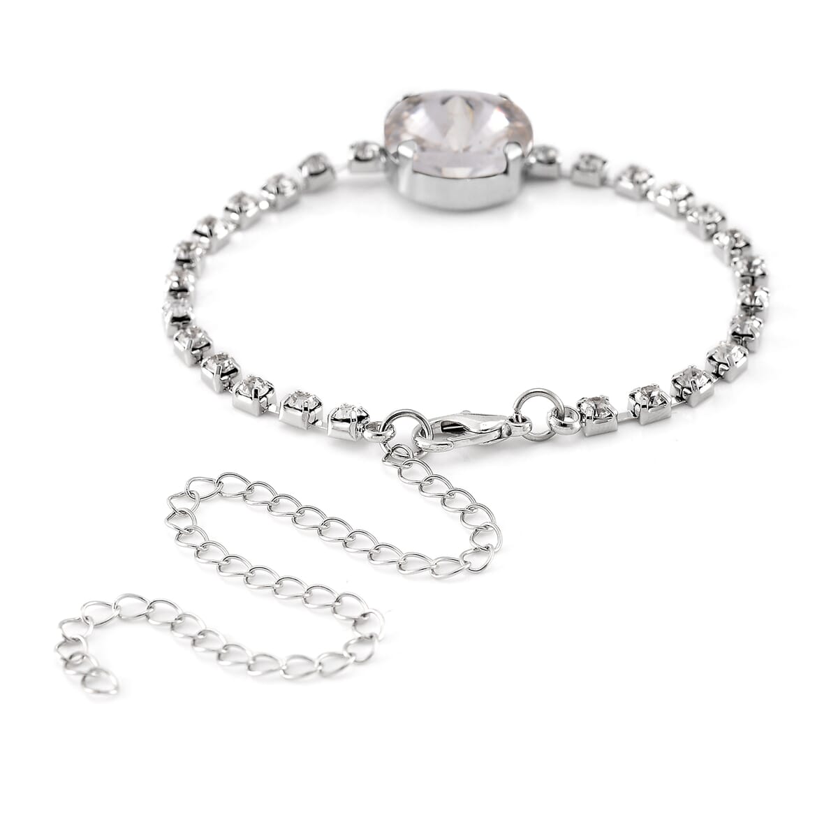 5pc Set - Strada Crystal, Simulated Pearl Japanese Movement Bolo Watch and Simulated White Topaz Ring, Earrings, Bracelet (5-10In) and Necklace (20-22In) in Silvertone image number 4