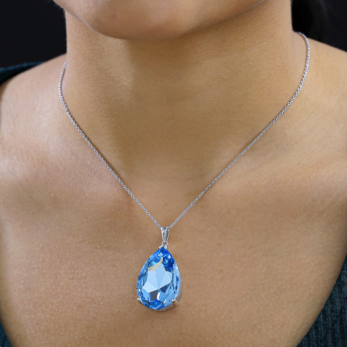 J Francis Embellished with Aquamarine Color Crystal by Swarovski Pendant Necklace in Rhodium Over Sterling Silver 20 Inches image number 2