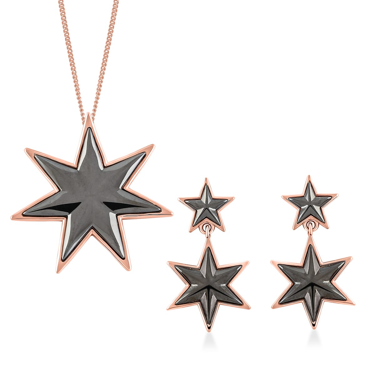 2 Piece Set -  Star Earrings and Pendant Necklace (20 Inches) in Black Rhodium, RG Over and Platinum Over Sterling Silver 7.70 Grams image number 0
