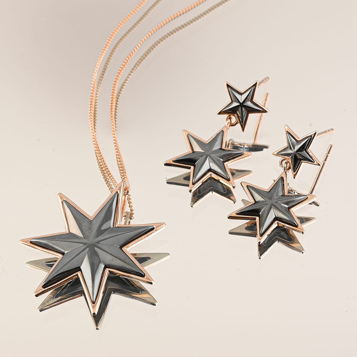 2 Piece Set -  Star Earrings and Pendant Necklace (20 Inches) in Black Rhodium, RG Over and Platinum Over Sterling Silver 7.70 Grams image number 1