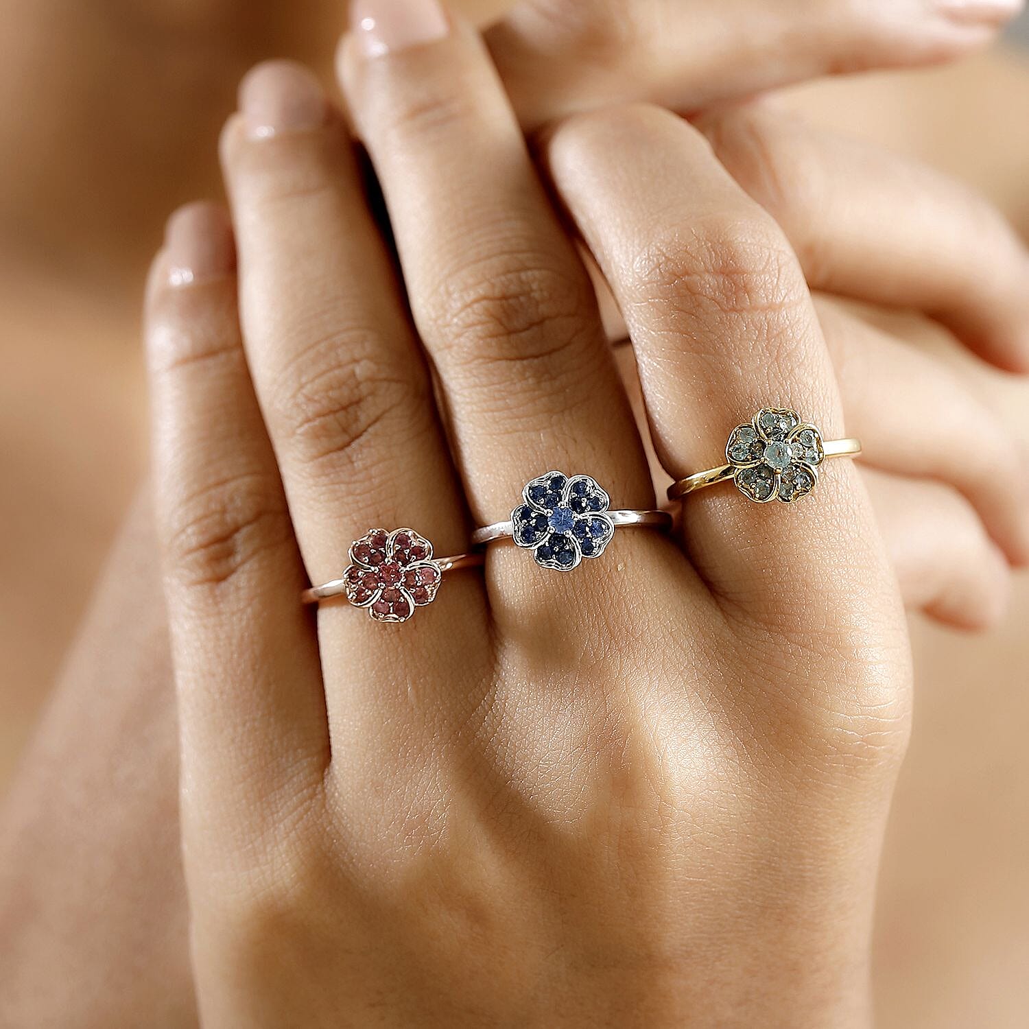 Set of 3 Narsipatnam Alexandrite, Ouro Fino Rubellite and Ceylon Sapphire 1.20 ctw Leaf Clover Ring in 18K Vermeil Yellow, Rose Gold and Rhodium Over Sterling Silver (Size 5.0)