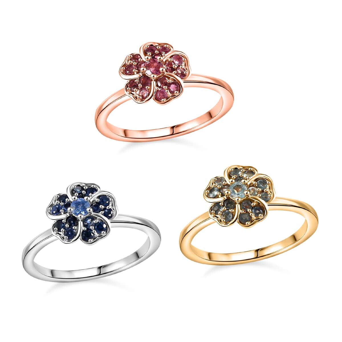 Set of 3 Narsipatnam Alexandrite, Ceylon Blue Sapphire, Ouro Fino Rubellite 1.20 ctw Leaf Clover Ring in 18K Vermeil Yellow, Rose Gold and Rhodium Over Sterling Silver (Size 6.0) image number 0