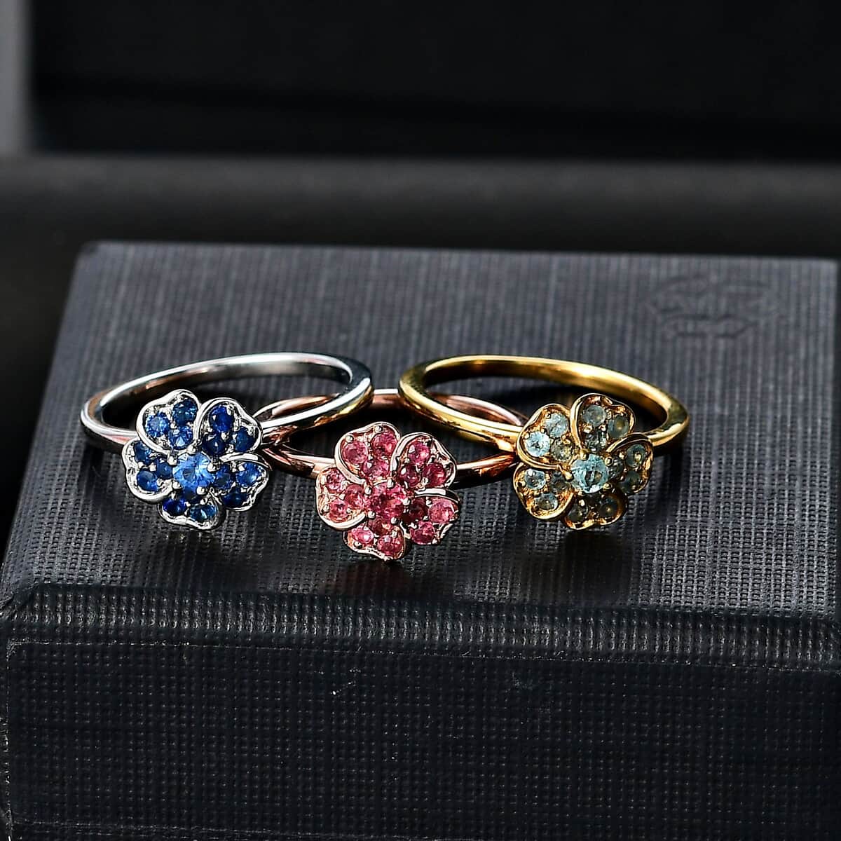 Set of 3 Narsipatnam Alexandrite, Ceylon Blue Sapphire, Ouro Fino Rubellite 1.20 ctw Leaf Clover Ring in 18K Vermeil Yellow, Rose Gold and Rhodium Over Sterling Silver (Size 6.0) image number 1