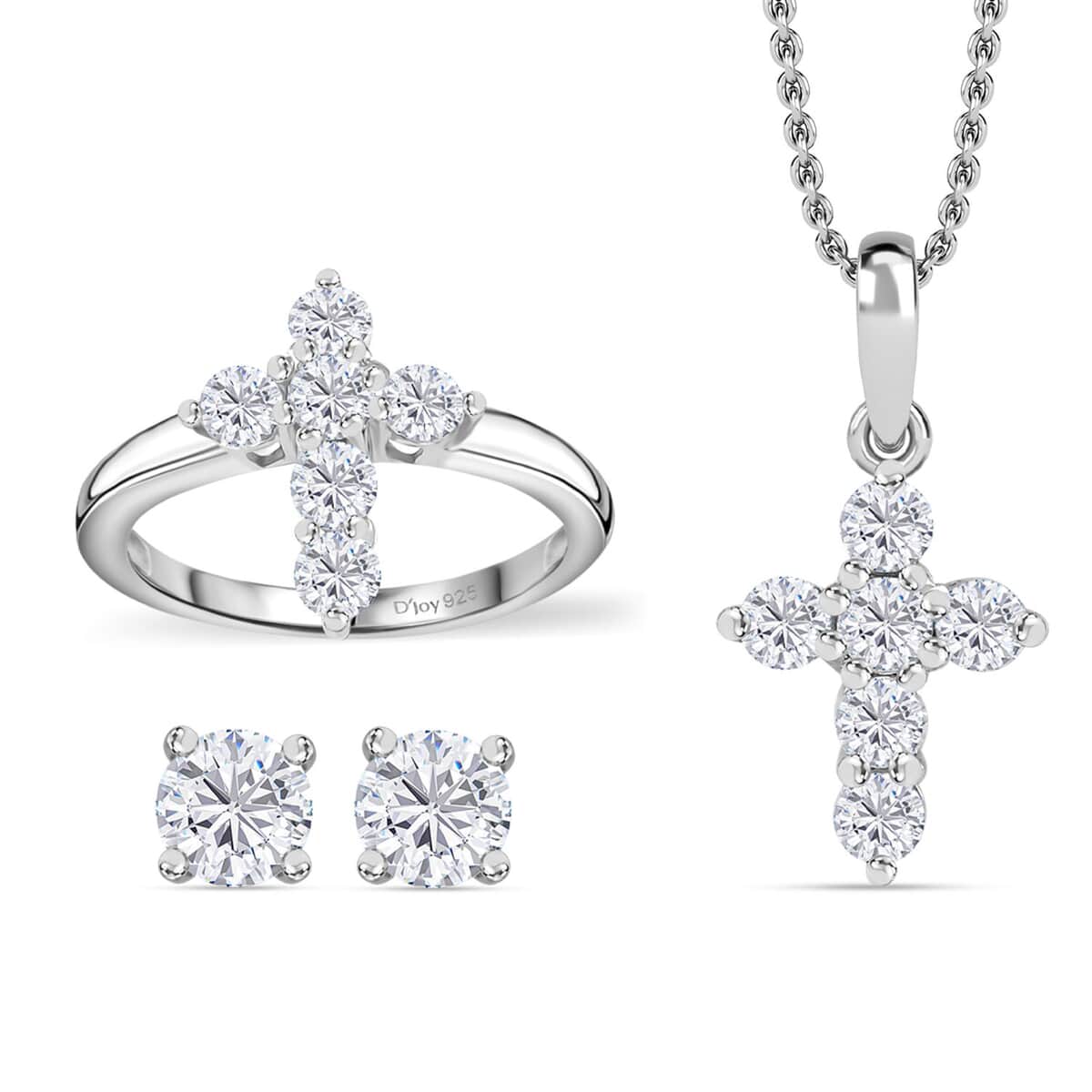 Moissanite 1.75 ctw Stud Earrings, Cross Ring (Size 5.0) and Pendant in Rhodium Over Sterling Silver with Stainless Steel Necklace 20 Inches image number 0