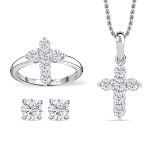 Moissanite 1.75 ctw Stud Earrings, Cross Ring (Size 5.0) and Pendant in Rhodium Over Sterling Silver with Stainless Steel Necklace 20 Inches