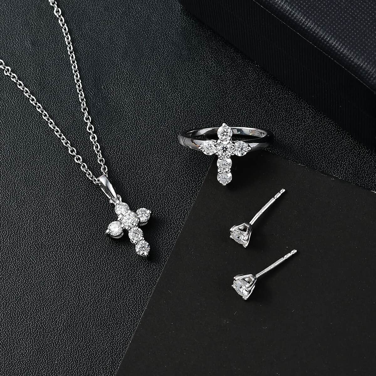 Moissanite 1.75 ctw Stud Earrings, Cross Ring (Size 5.0) and Pendant in Rhodium Over Sterling Silver with Stainless Steel Necklace 20 Inches image number 1