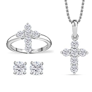 Moissanite 1.75 ctw Stud Earrings, Cross Ring (Size 6.0) and Pendant in Rhodium Over Sterling Silver with Stainless Steel Necklace 20 Inches