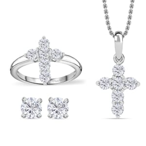 Moissanite 1.75 ctw Stud Earrings, Cross Ring (Size 7.0) and Pendant in Rhodium Over Sterling Silver with Stainless Steel Necklace 20 Inches