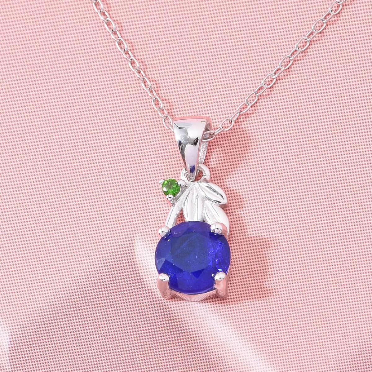 Vietnamese Cobalt Blue Spinel (DF) and Chrome Diopside 1.10 ctw Floral Vine Pendant Necklace in Rhodium Over Sterling Silver 20 Inches image number 1