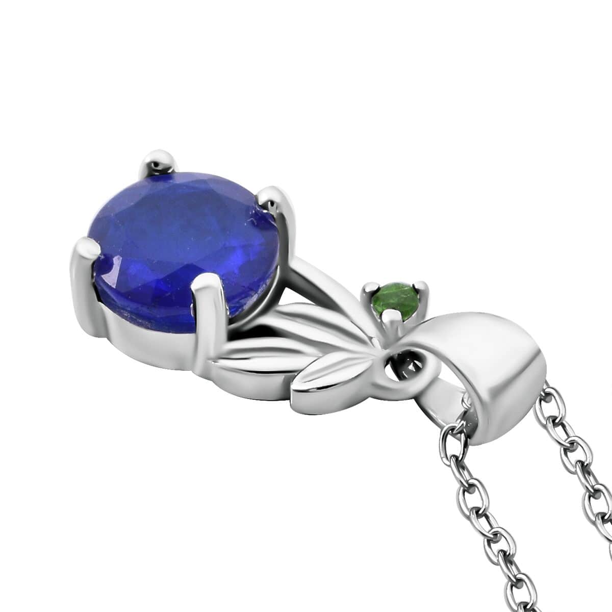 Vietnamese Cobalt Blue Spinel (DF) and Chrome Diopside 1.10 ctw Floral Vine Pendant Necklace in Rhodium Over Sterling Silver 20 Inches image number 3