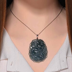 Olmec Jadeite Pendant 100.00 ctw Necklace in Rhodium Over Sterling Silver (20 Inches)