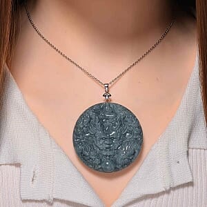 Olmec Jadeite Pendant 265.00 ctw Necklace in Rhodium Over Sterling Silver 20 Inches