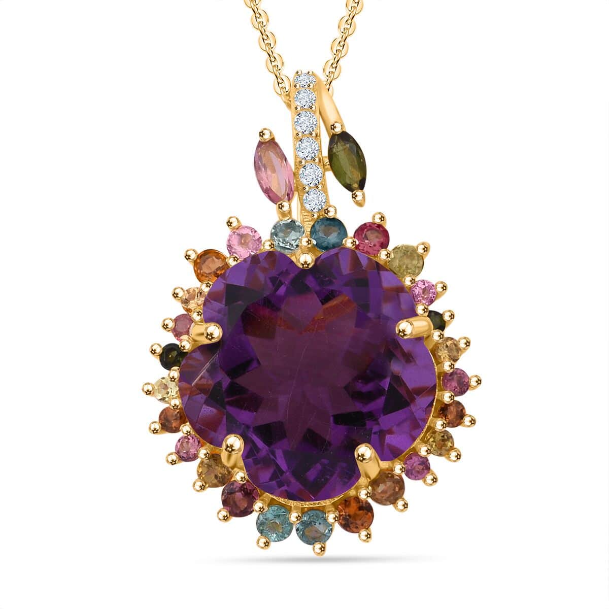 Premium African Amethyst and Multi Gemstone 12.65 ctw Gilded Garden Pendant Necklace in Vermeil Yellow Gold Over Sterling Silver 20 Inches image number 0