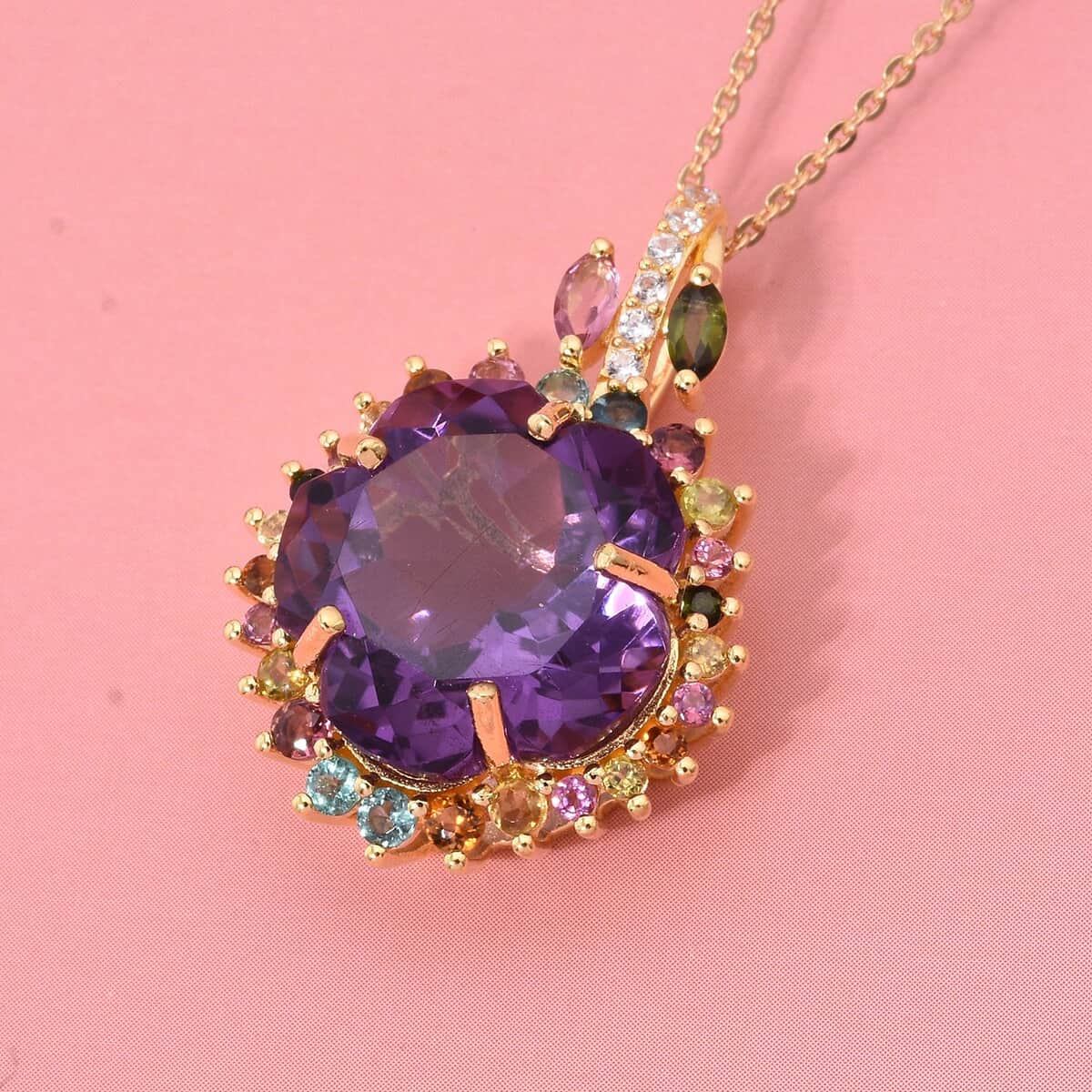 Premium African Amethyst and Multi Gemstone 12.65 ctw Gilded Garden Pendant Necklace in Vermeil Yellow Gold Over Sterling Silver 20 Inches image number 2