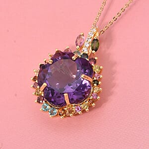 Floral Cut Premium African Amethyst and Multi Gemstone 10.75 ctw Gilded Garden Pendant Necklace in Vermeil Yellow Gold Over Sterling Silver 20 Inches