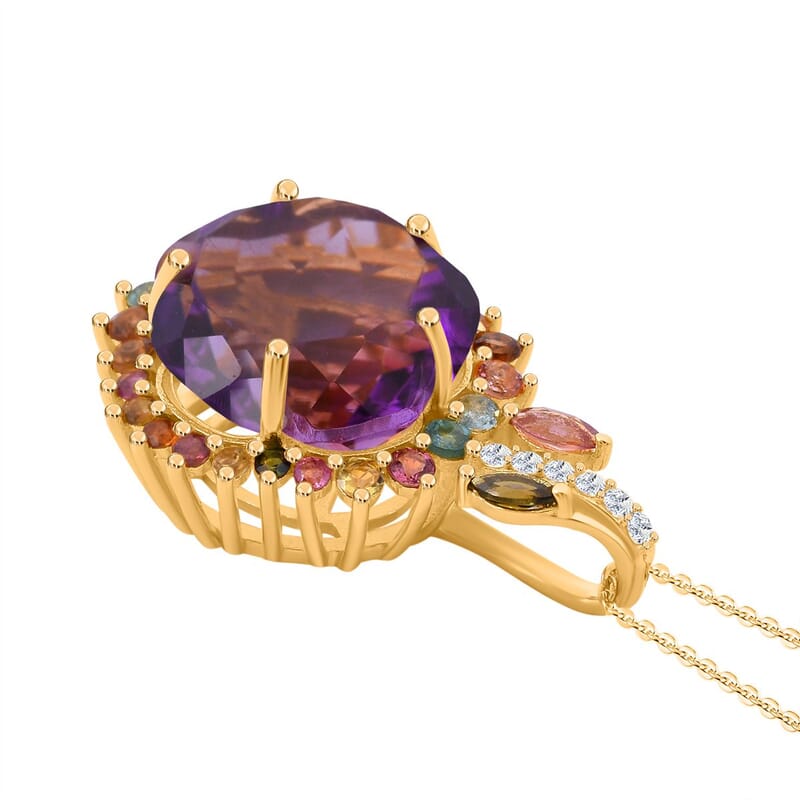 Floral Cut Premium African Amethyst and Multi Gemstone 10.75 ctw Gilded Garden Pendant Necklace in Vermeil Yellow Gold Over Sterling Silver 20 Inches