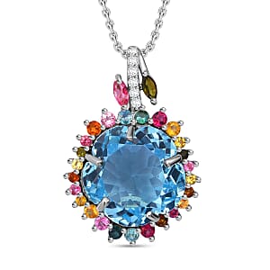 Floral Cut Premium Sky Blue Topaz and Multi Gemstone 14.25 ctw Gilded Garden Pendant Necklace in Rhodium Over Sterling Silver 20 Inches