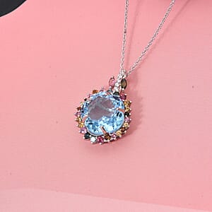 Floral Cut Premium Sky Blue Topaz and Multi Gemstone 14.25 ctw Gilded Garden Pendant Necklace in Rhodium Over Sterling Silver 20 Inches
