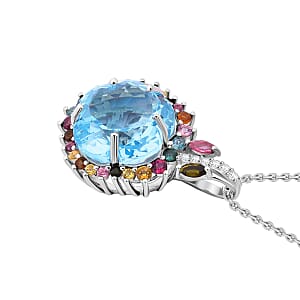Floral Cut Premium Sky Blue Topaz and Multi Gemstone 14.25 ctw Gilded Garden Pendant Necklace in Rhodium Over Sterling Silver 20 Inches