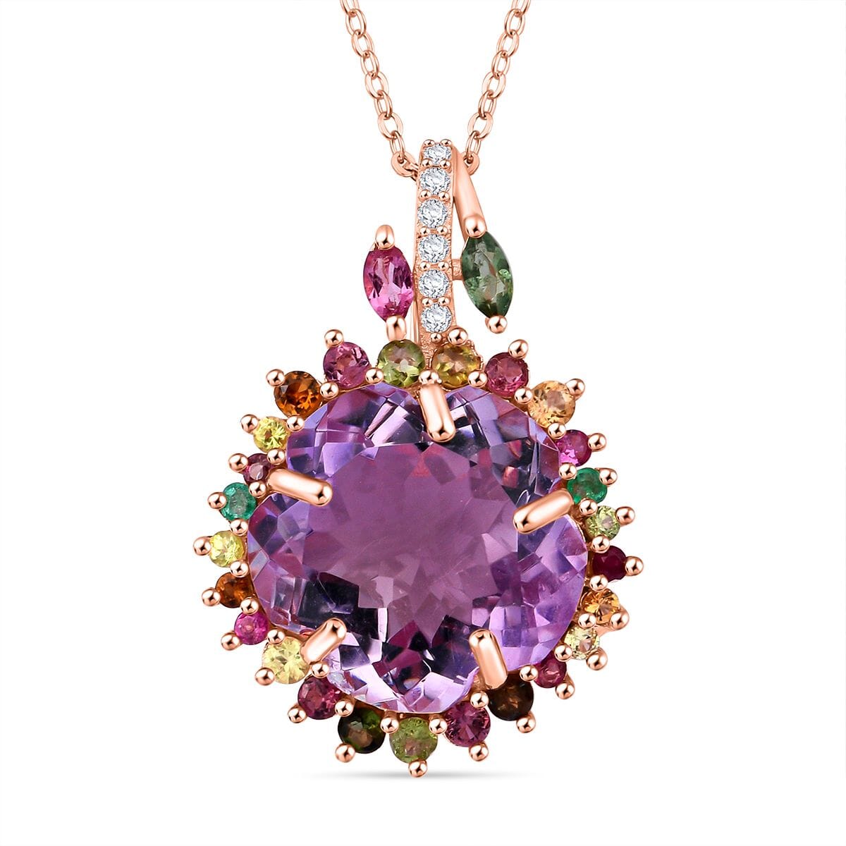 Floral Cut Premium Rose De France Amethyst and Multi Gemstone 14.85 ctw Gilded Garden Pendant Necklace in Vermeil Rose Gold Over Sterling Silver 20 Inches image number 0