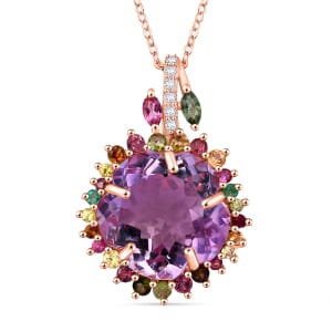 Floral Cut Premium Rose De France Amethyst and Multi Gemstone 14.85 ctw Gilded Garden Pendant Necklace in Vermeil Rose Gold Over Sterling Silver 20 Inches