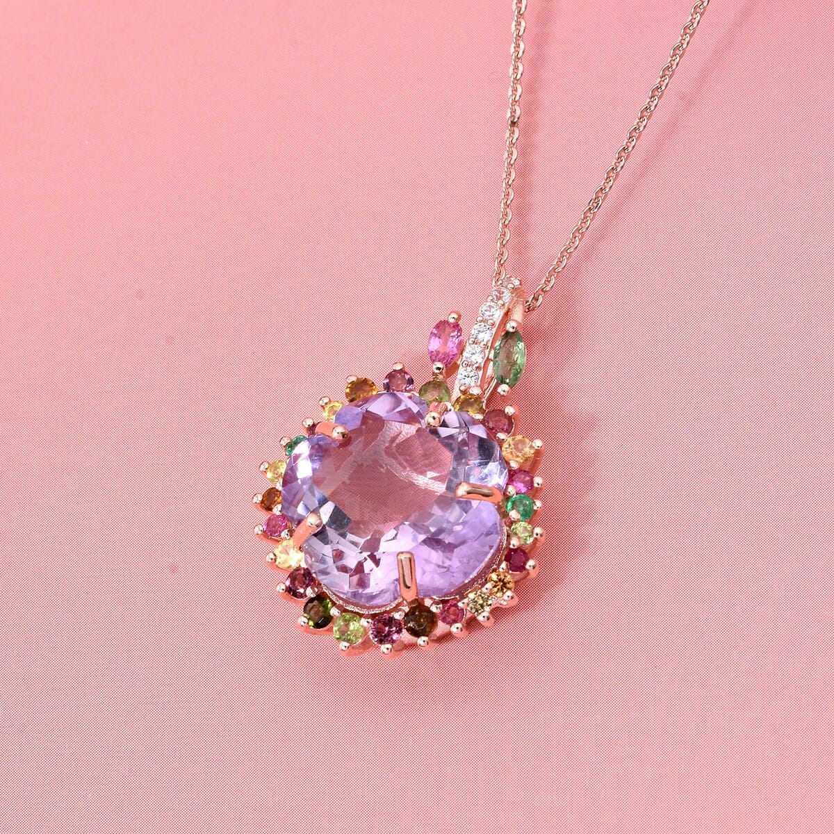 Floral Cut Premium Rose De France Amethyst and Multi Gemstone 14.85 ctw Gilded Garden Pendant Necklace in Vermeil Rose Gold Over Sterling Silver 20 Inches image number 2