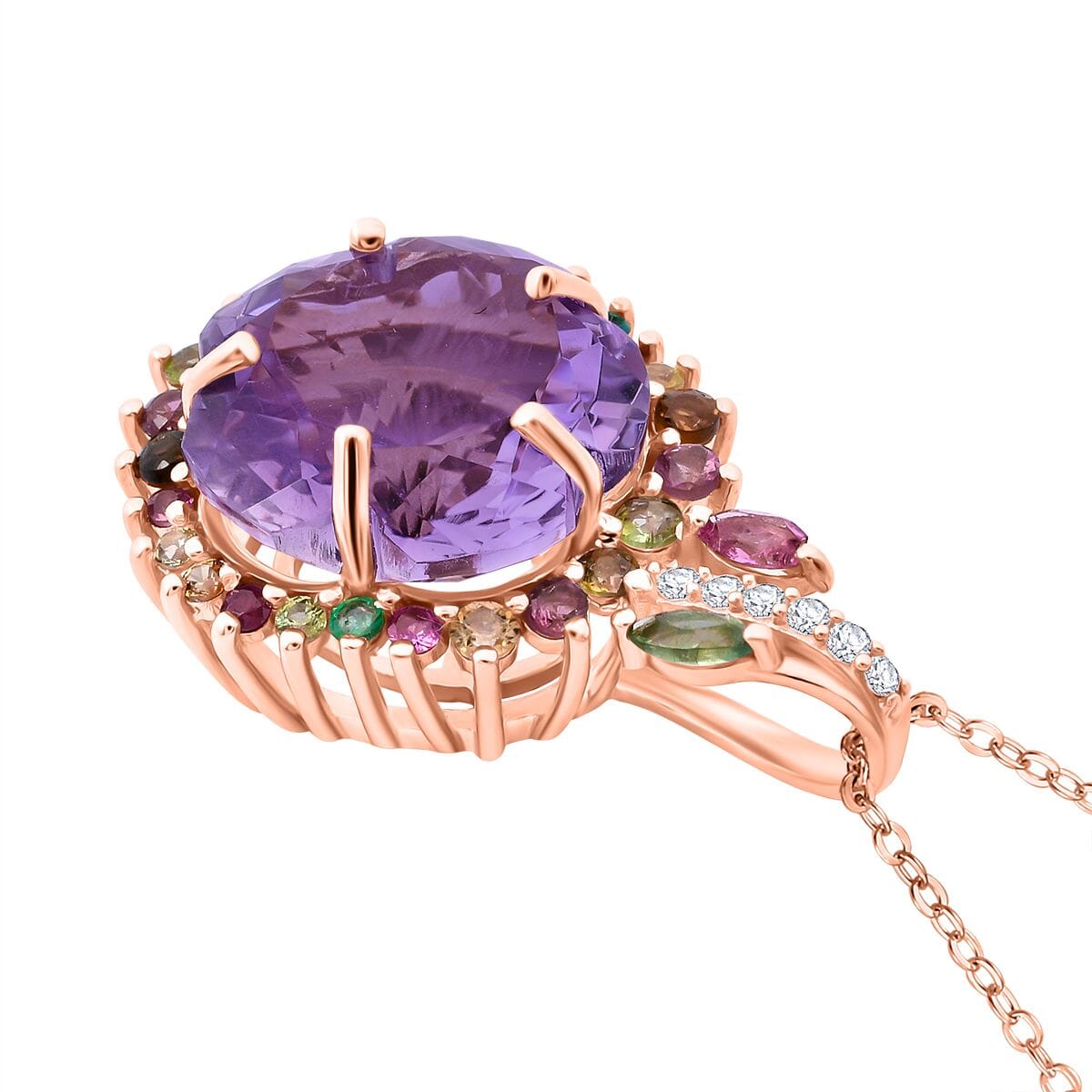 Floral Cut Premium Rose De France Amethyst and Multi Gemstone 14.85 ctw Gilded Garden Pendant Necklace in Vermeil Rose Gold Over Sterling Silver 20 Inches image number 3