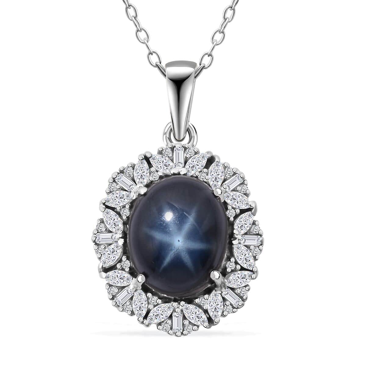 Doorbuster Blue Star Sapphire (DF) and White Zircon 7.30 ctw Starlight Pendant Necklace in Rhodium Over Sterling Silver 20 Inches image number 0