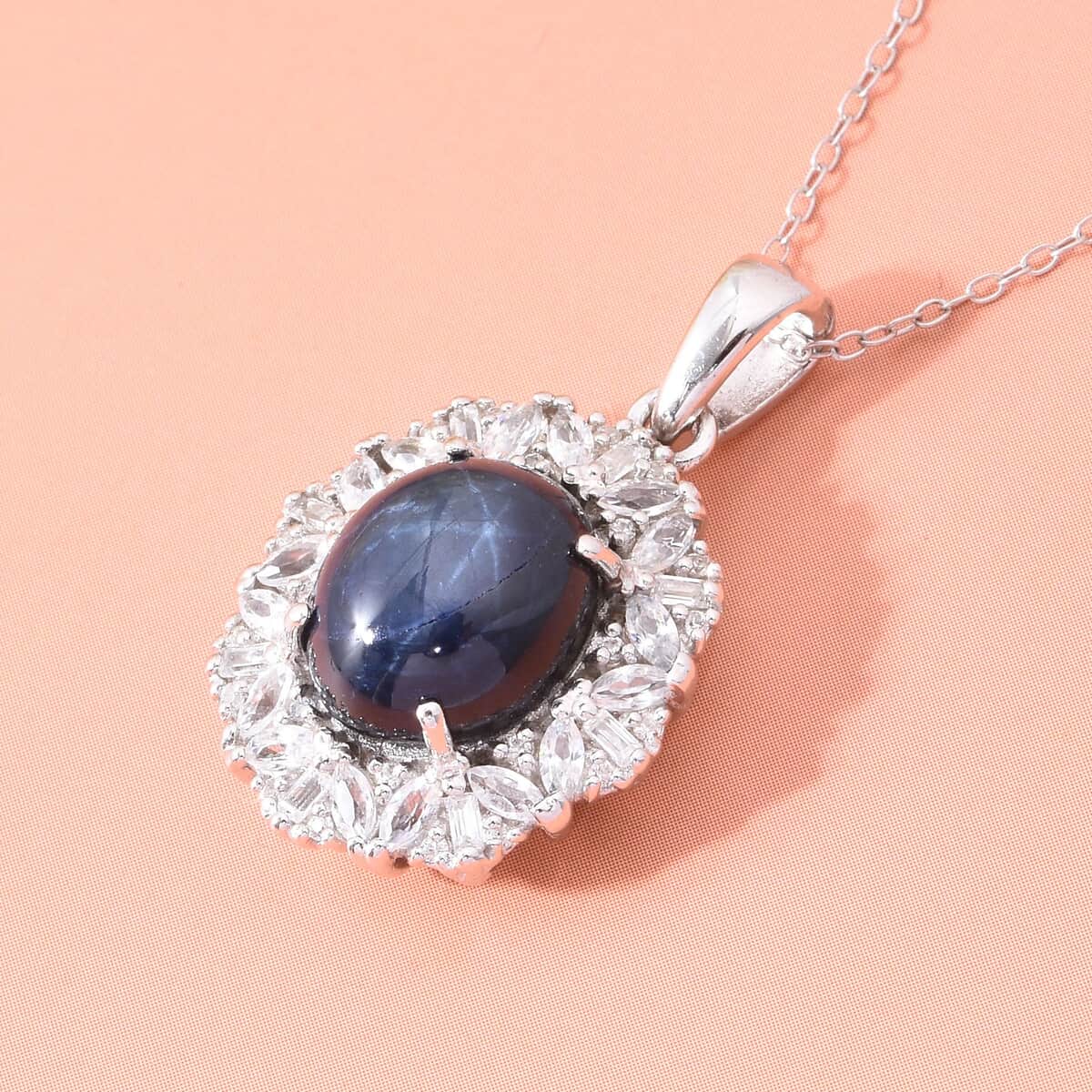 Doorbuster Blue Star Sapphire (DF) and White Zircon 7.30 ctw Starlight Pendant Necklace in Rhodium Over Sterling Silver 20 Inches image number 1