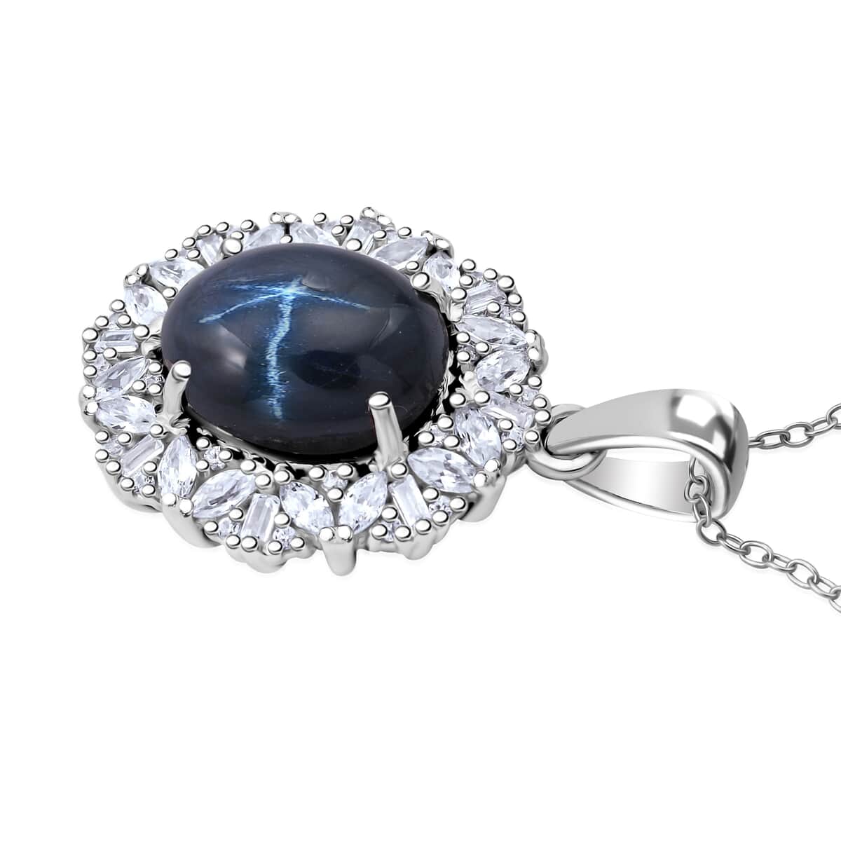 Doorbuster Blue Star Sapphire (DF) and White Zircon 7.30 ctw Starlight Pendant Necklace in Rhodium Over Sterling Silver 20 Inches image number 3