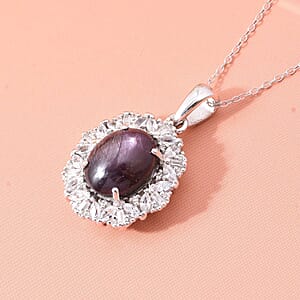 Indian Star Ruby and White Zircon 8.00 ctw Starlight Pendant Necklace in Rhodium Over Sterling Silver 20 Inches