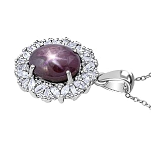 Indian Star Ruby and White Zircon 8.00 ctw Starlight Pendant Necklace in Rhodium Over Sterling Silver 20 Inches