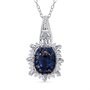 Ceylon Blue Sapphire and Moissanite 1.40 ctw Pendant Necklace 20 Inches in Rhodium Over Sterling Silver
