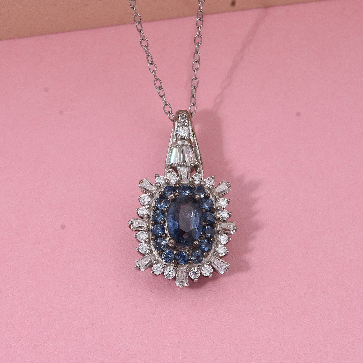 Ceylon Blue Sapphire and Moissanite 1.50 ctw Firecracker Pendant Necklace in Rhodium Over Sterling Silver 20 Inches