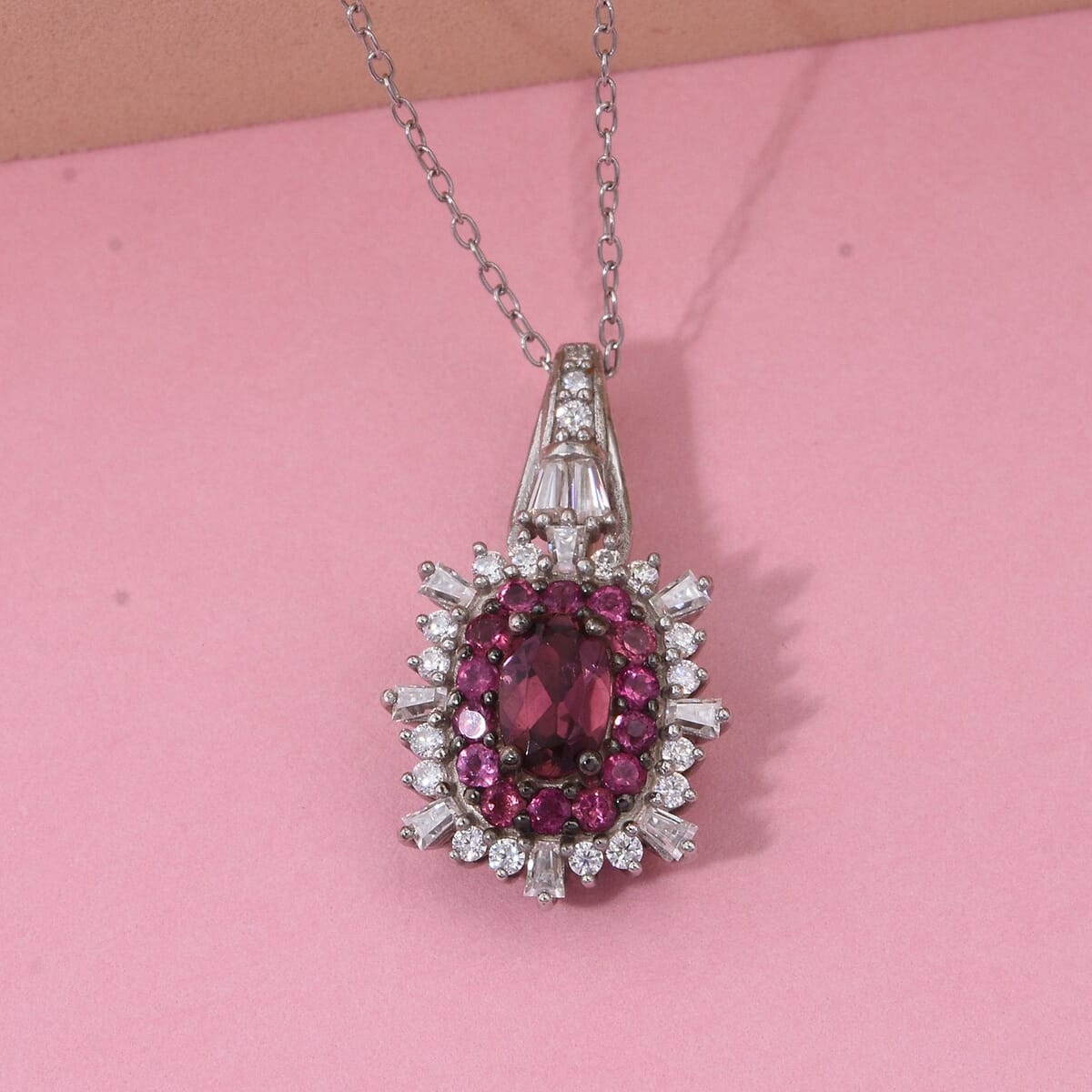 Ouro Fino Rubellite and Moissanite 1.35 ctw Firecracker Pendant Necklace in Rhodium Over Sterling Silver 20 Inches image number 1