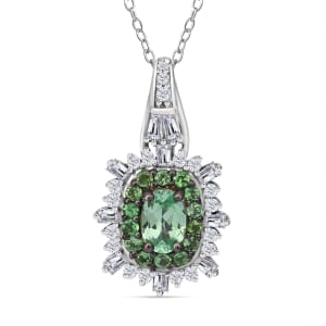 Tsavorite Garnet and Moissanite 1.30 ctw Firecracker Pendant Necklace in Rhodium Over Sterling Silver 20 Inches