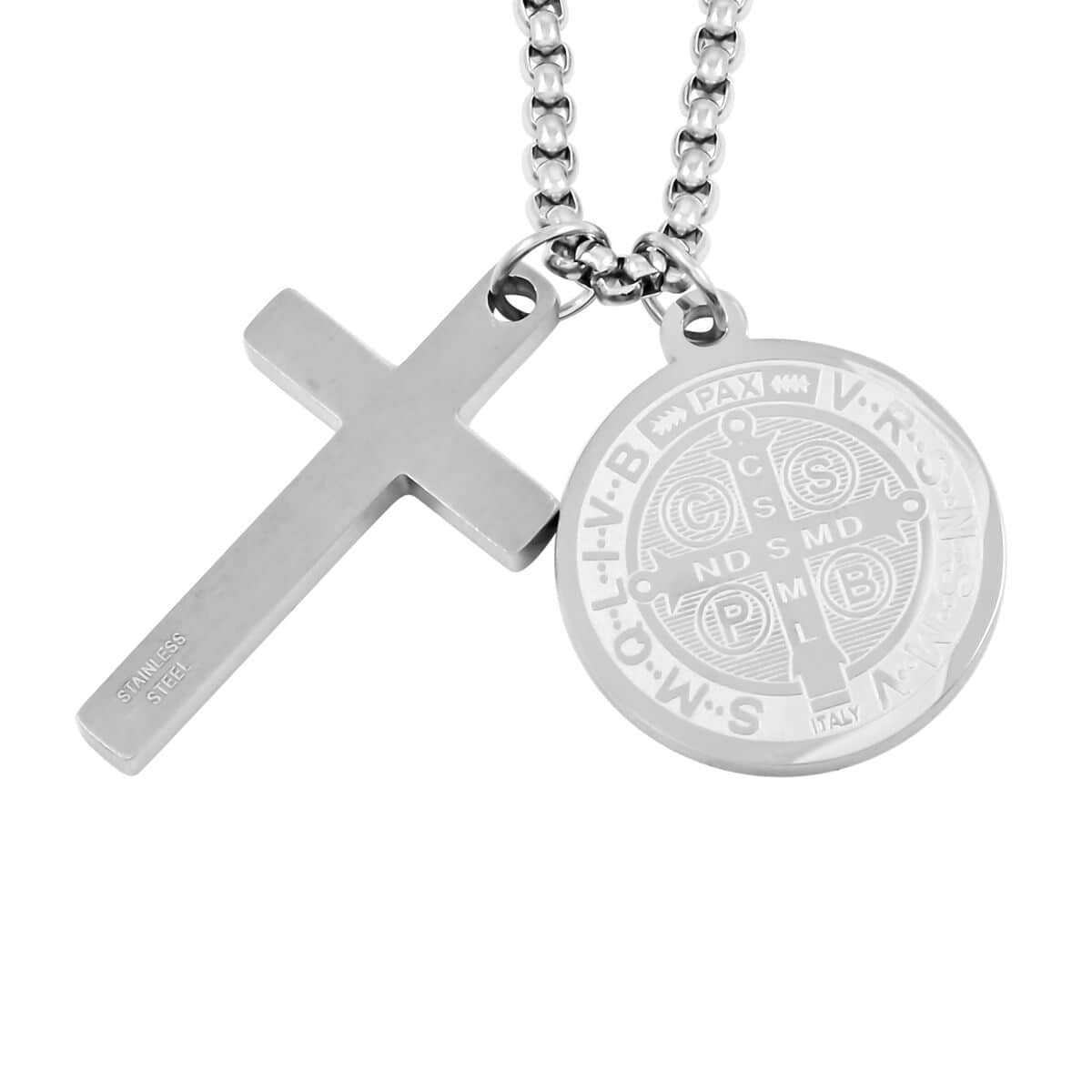 Set of 2 Cross and Medallion Pendant Necklace 24 Inches in Stainless Steel image number 0