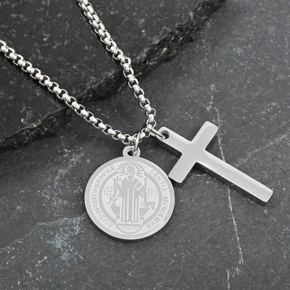 Set of 2 Cross and Medallion Pendant Necklace 24 Inches in Stainless Steel image number 1