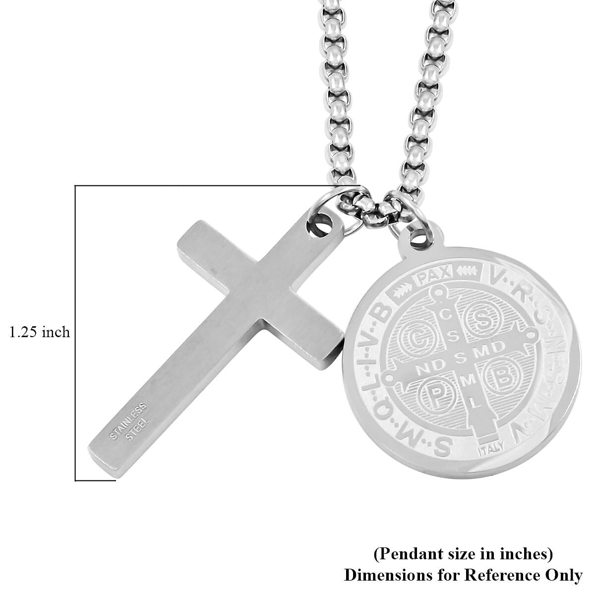 Set of 2 Cross and Medallion Pendant Necklace 24 Inches in Stainless Steel