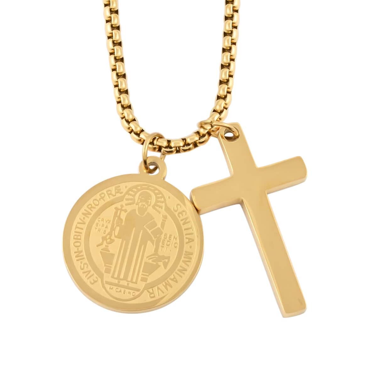 Set of 2 Cross and Medallion Pendant Necklace 24 Inches in ION Plated Yellow Gold Stainless Steel image number 0