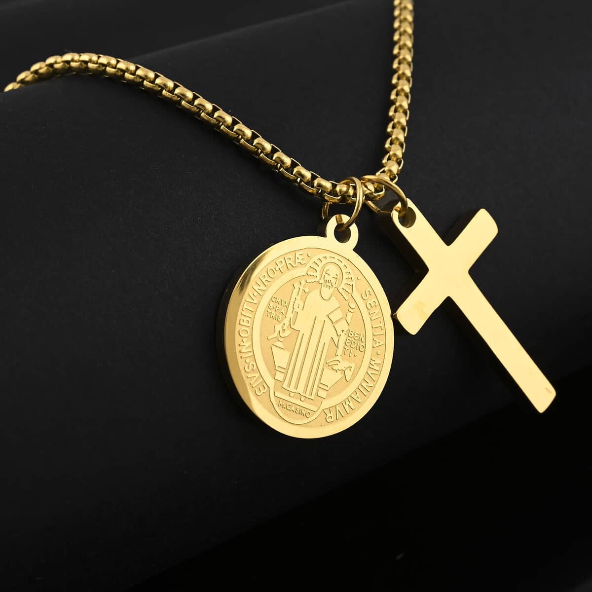 Set of 2 Cross and Medallion Pendant Necklace 24 Inches in ION Plated Yellow Gold Stainless Steel image number 1