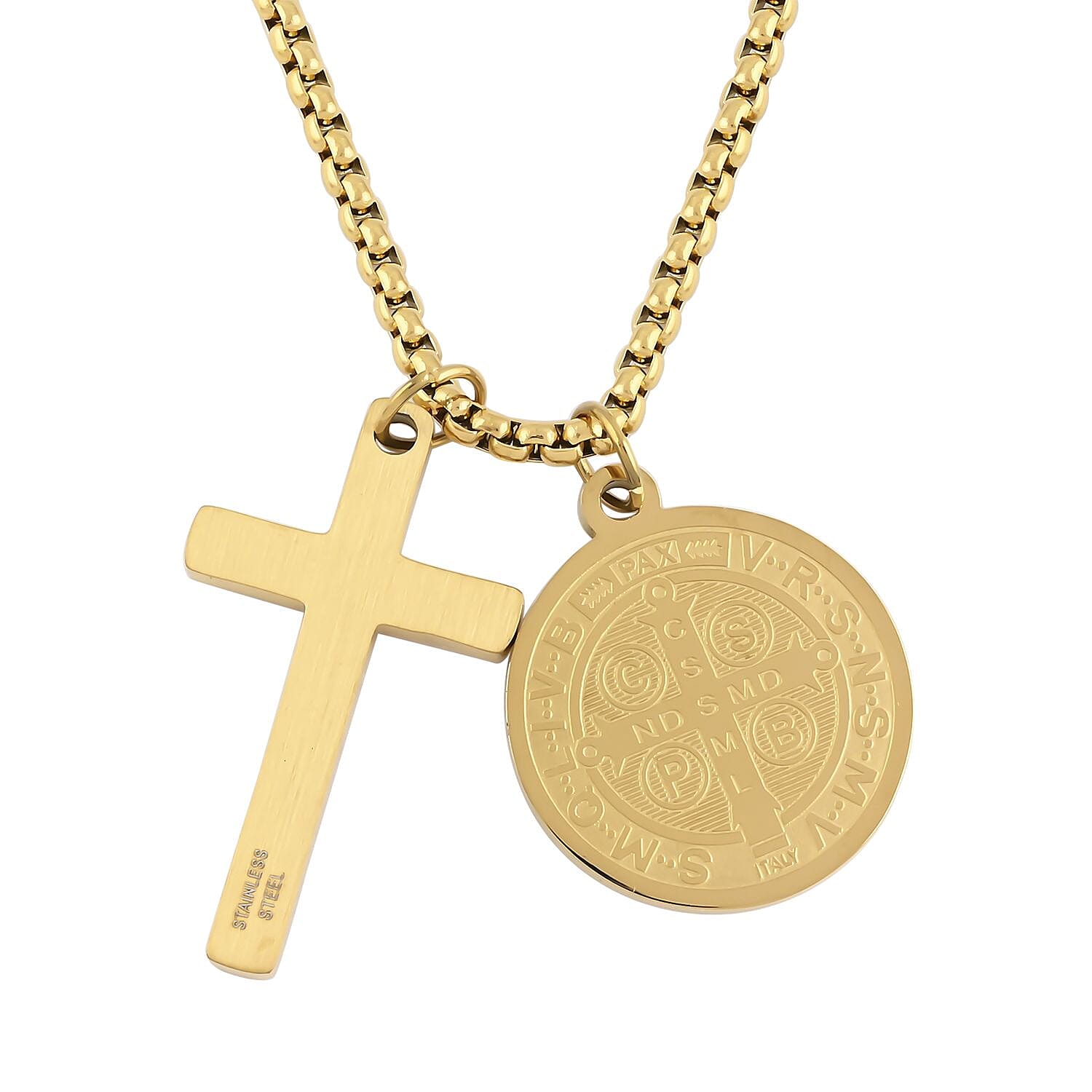 Set of 2 Cross and Medallion Pendant Necklace 24 Inches in ION Plated Yellow Gold Stainless Steel
