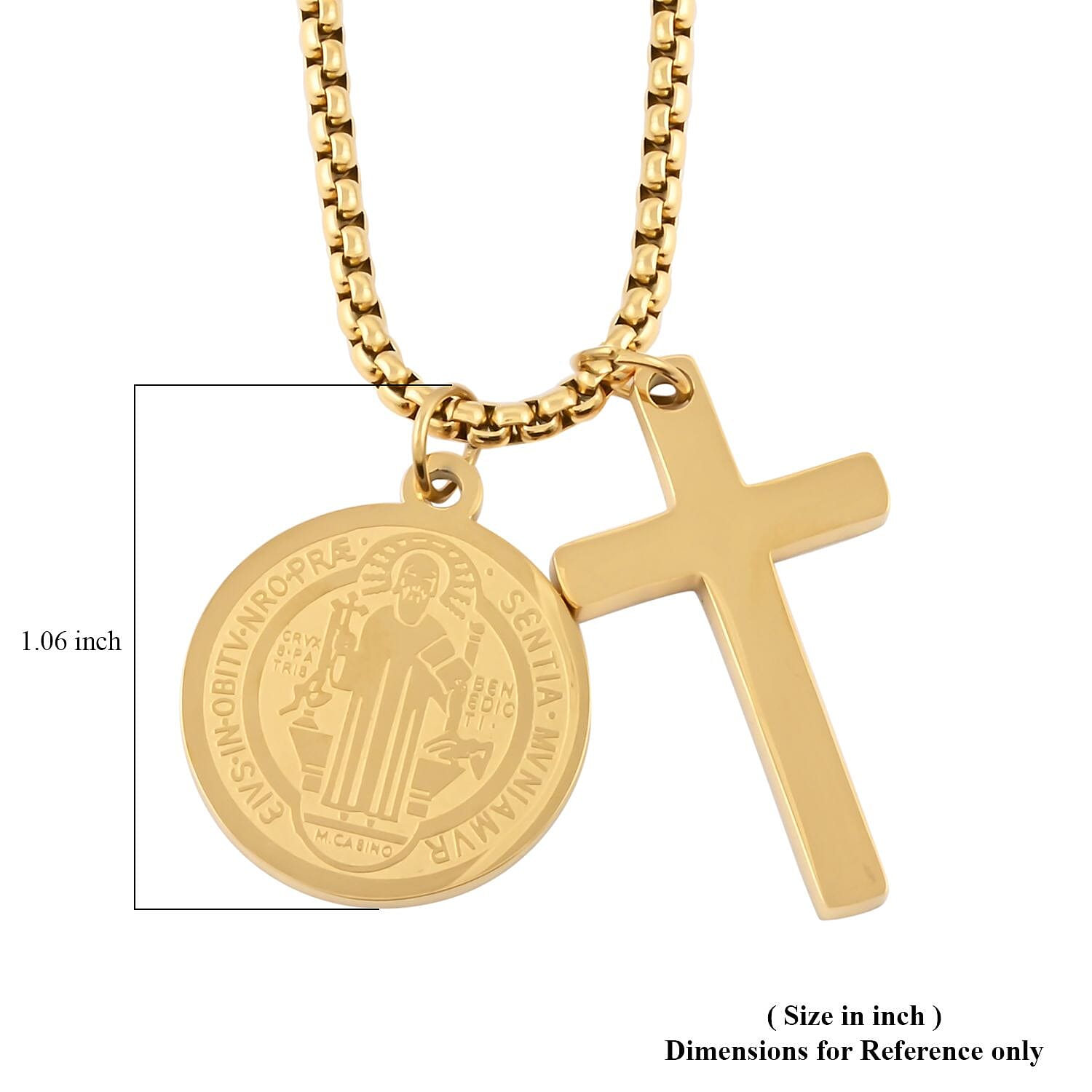 Set of 2 Cross and Medallion Pendant Necklace 24 Inches in ION Plated Yellow Gold Stainless Steel