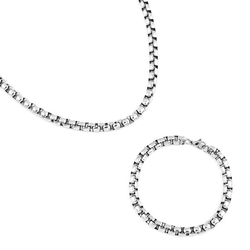Box Chain Necklace 24 Inches and Bracelet (8.50In) in Stainless Steel