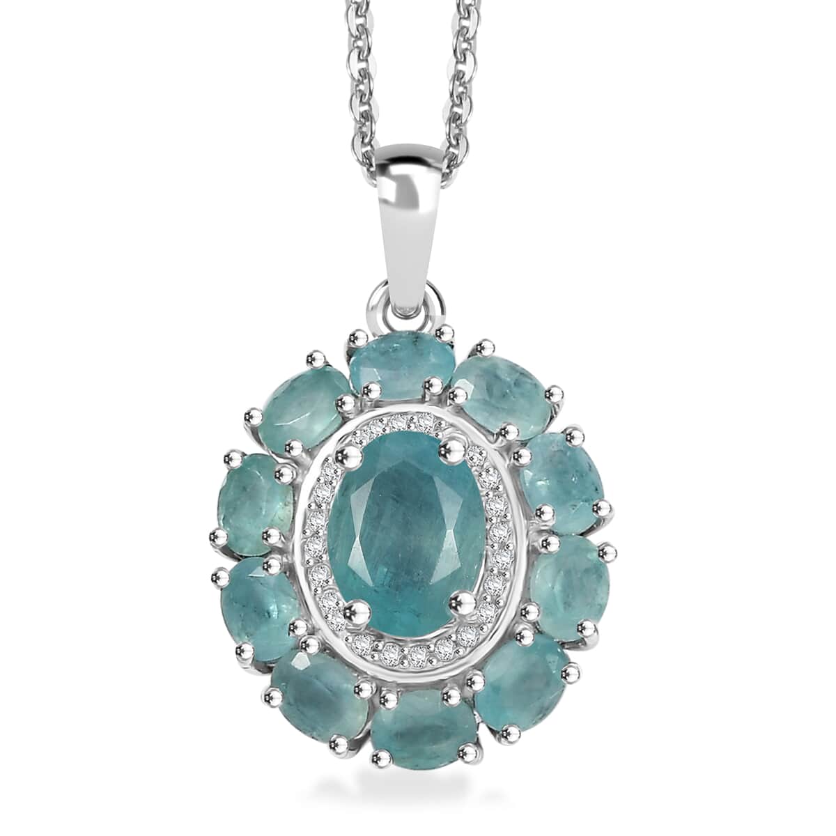 Grandidierite and White Zircon 3.10 ctw Floral Pendant Necklace in Rhodium Over Sterling Silver 20 Inches image number 0